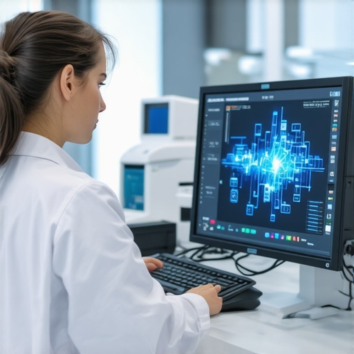 AI system analyzing lab results with healthcare professionals in a high-tech clinic.