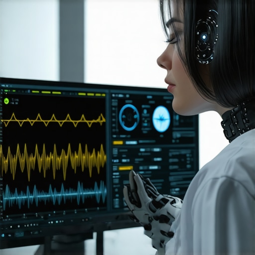Futuristic AI interface analyzing health data with wearable devices in a clinical setting
