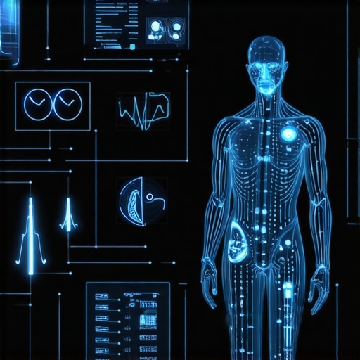 Futuristic telehealth platform with remote diagnostics and AI analysis in a medical setting