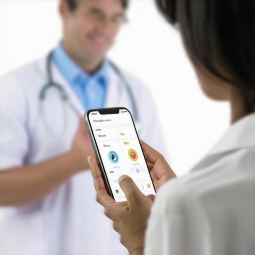 Person using a mobile health app with a healthcare professional in background.