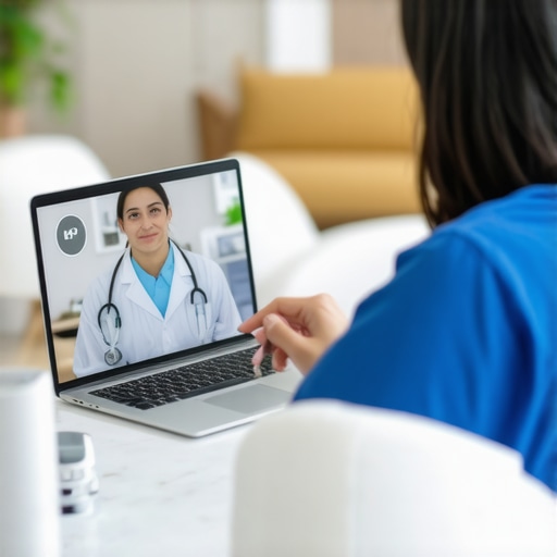 A healthcare provider conducting a telehealth appointment with a patient at home, surrounded by health monitoring devices.