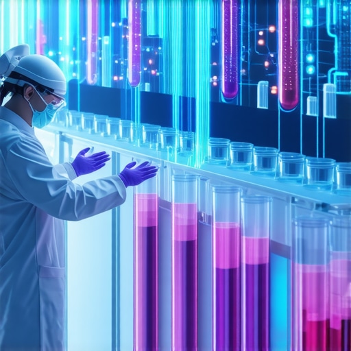 Futuristic lab with AI analyzing blood samples and digital health data