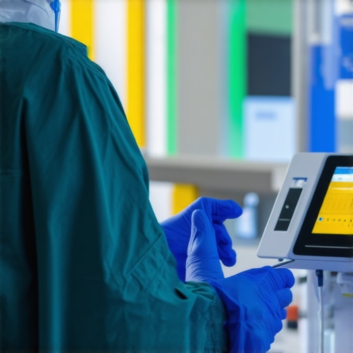 Modern portable lab device with AI interface operated by healthcare professional in clinic