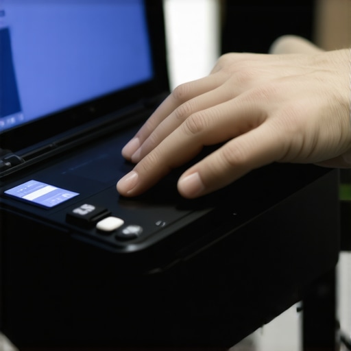 Healthcare professional using a portable lab testing device in a modern clinic.