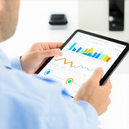 Healthcare professional reviewing digital health data on a tablet with wearable devices in background.