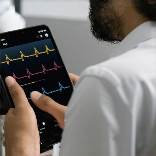A patient engaging with a telehealth app showing vital signs in real-time, symbolizing modern chronic disease management.