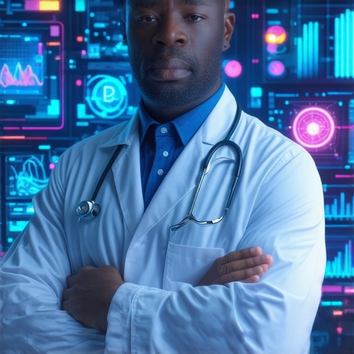 A high-tech healthcare environment showcasing telehealth, diagnostics, and genomic data visualization