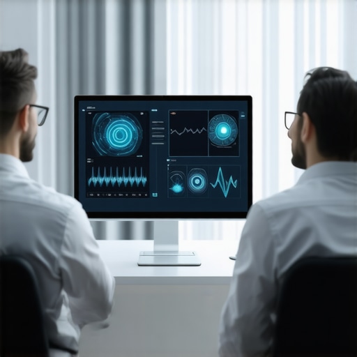 Futuristic Telehealth and Lab Diagnostics Healthcare professional analyzing digital lab data during a telehealth consultation in a high-tech clinic.