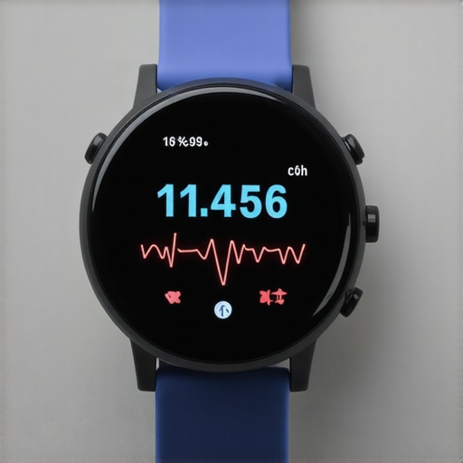 Wearable health monitoring device displaying vital signs in a high-tech environment