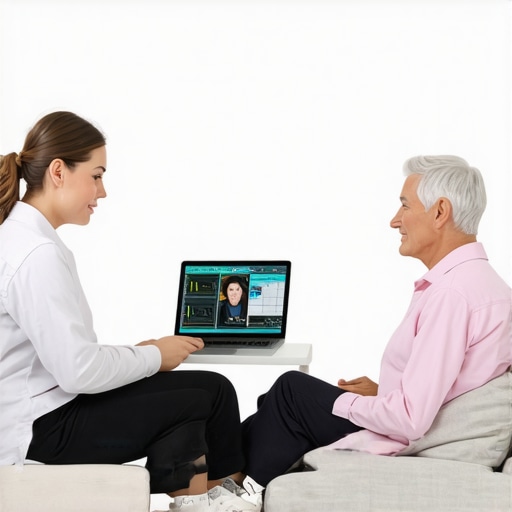 Patient speaking with healthcare provider via telehealth from home with digital health devices