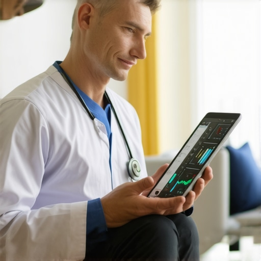 Doctor consulting with patient via tablet while viewing digital lab results.