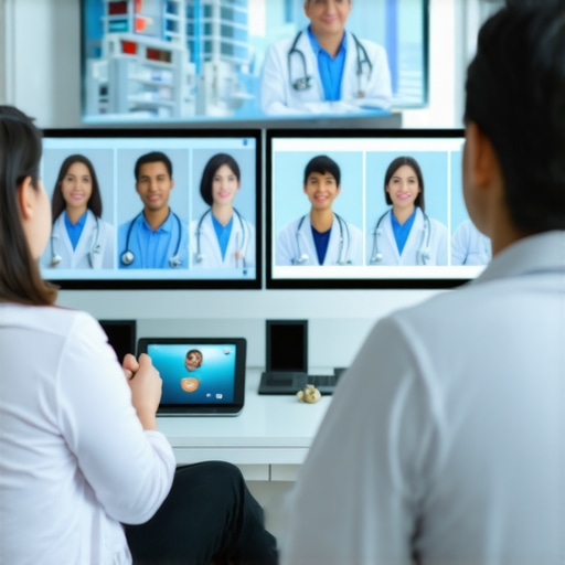 Illustration of telehealth platform with doctors and patients using digital devices for quick medical support