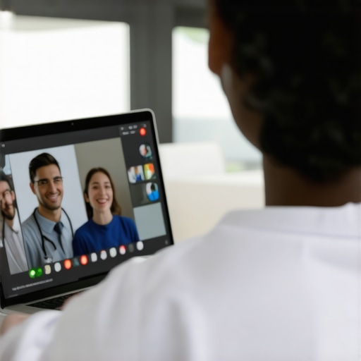 A doctor and patient having a video call on a laptop, representing telehealth