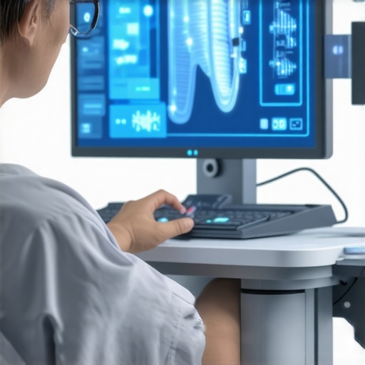 Illustration of advanced telehealth and AI diagnostics in a futuristic medical setting