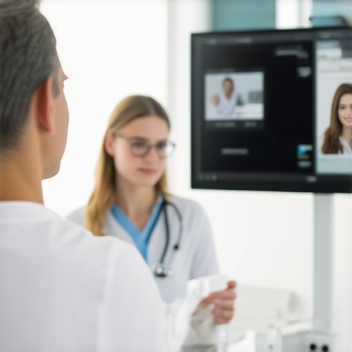A modern healthcare clinic with telehealth technology and patients