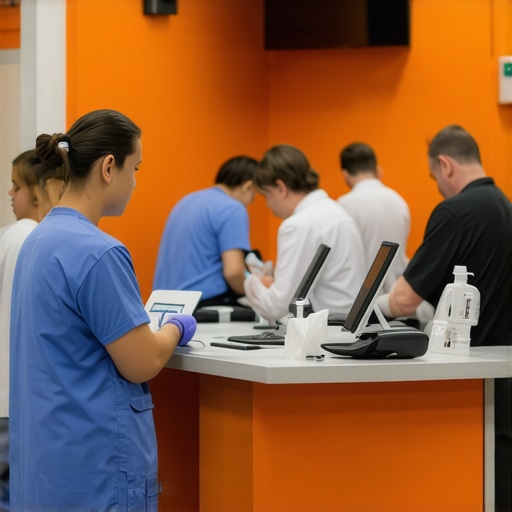 Healthcare professionals using rapid testing devices in an urgent care setting.