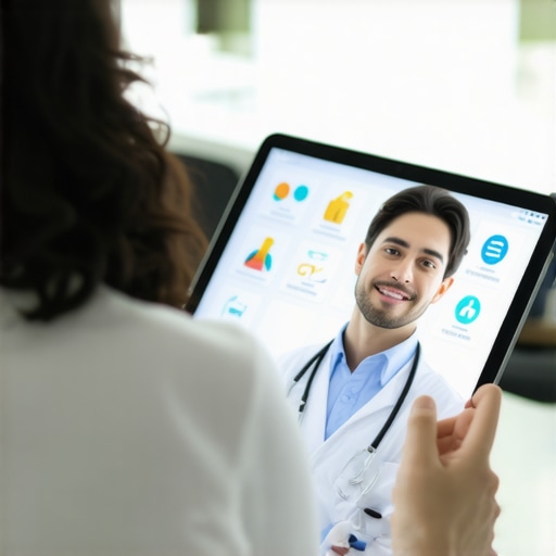 Telehealth Consultation 2024 Doctor and patient engaging in a virtual healthcare session on a tablet