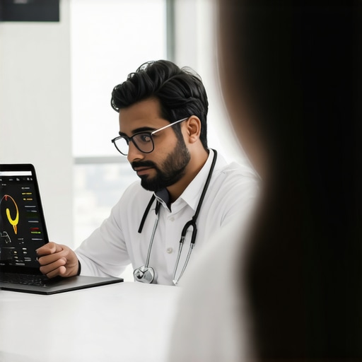 Doctor and patient engaging in a virtual consultation with health devices nearby.