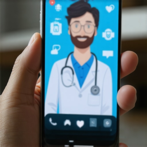 Smartphone showing telehealth consultation app with medical icons